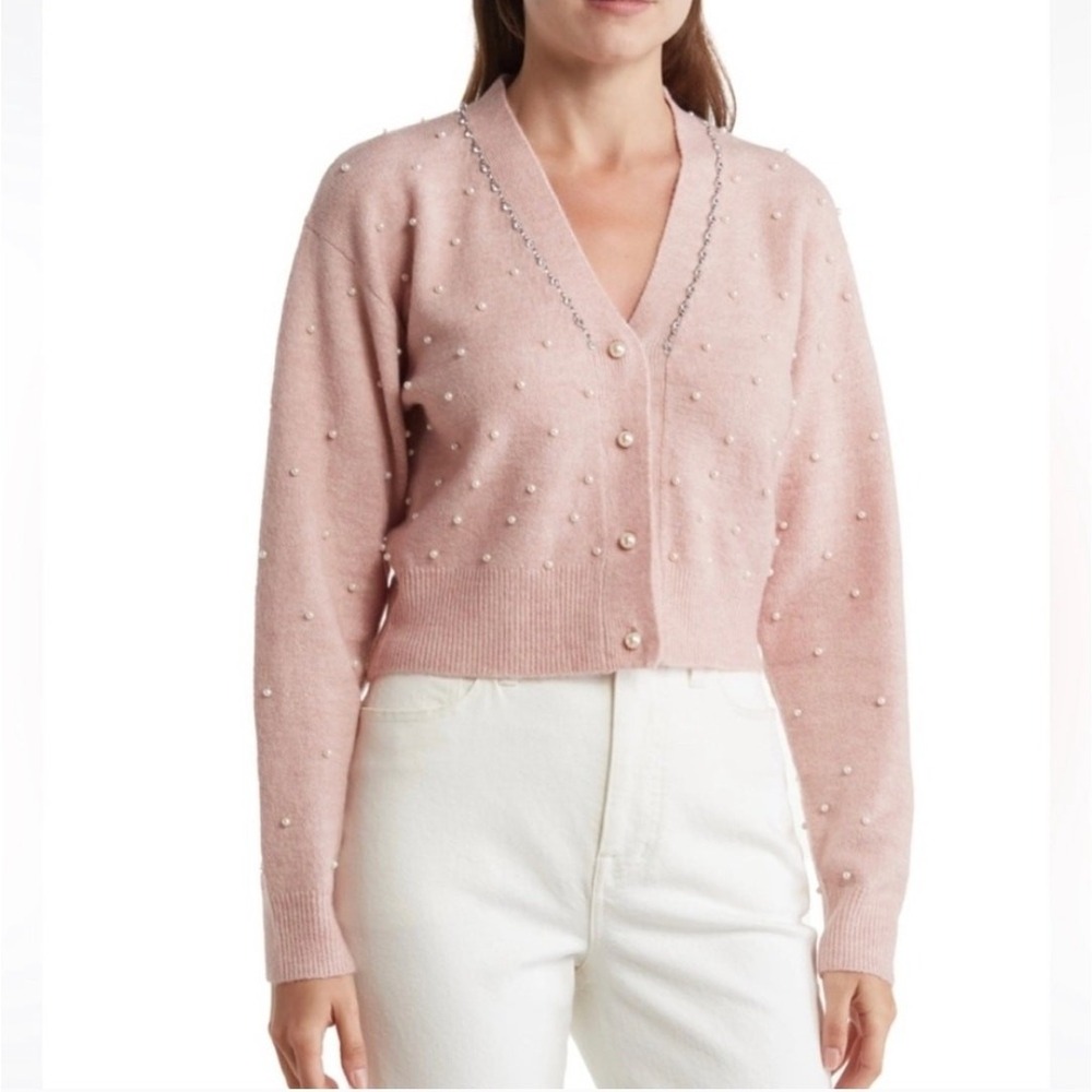 Astr Women's Light Blush Pink Pearl and Rhinestone Embellished Cardigan Size XL‎